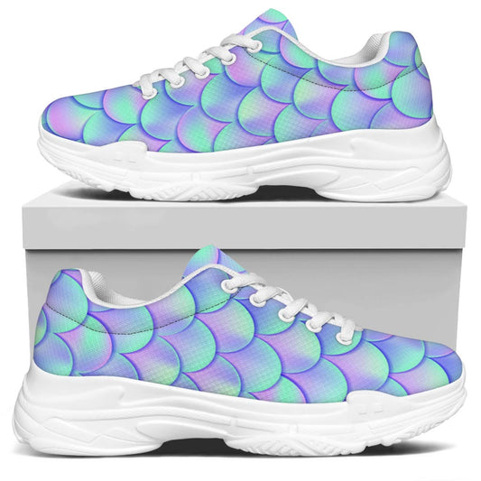 Blue Mermaid Scales Pattern Print White Chunky Shoes
