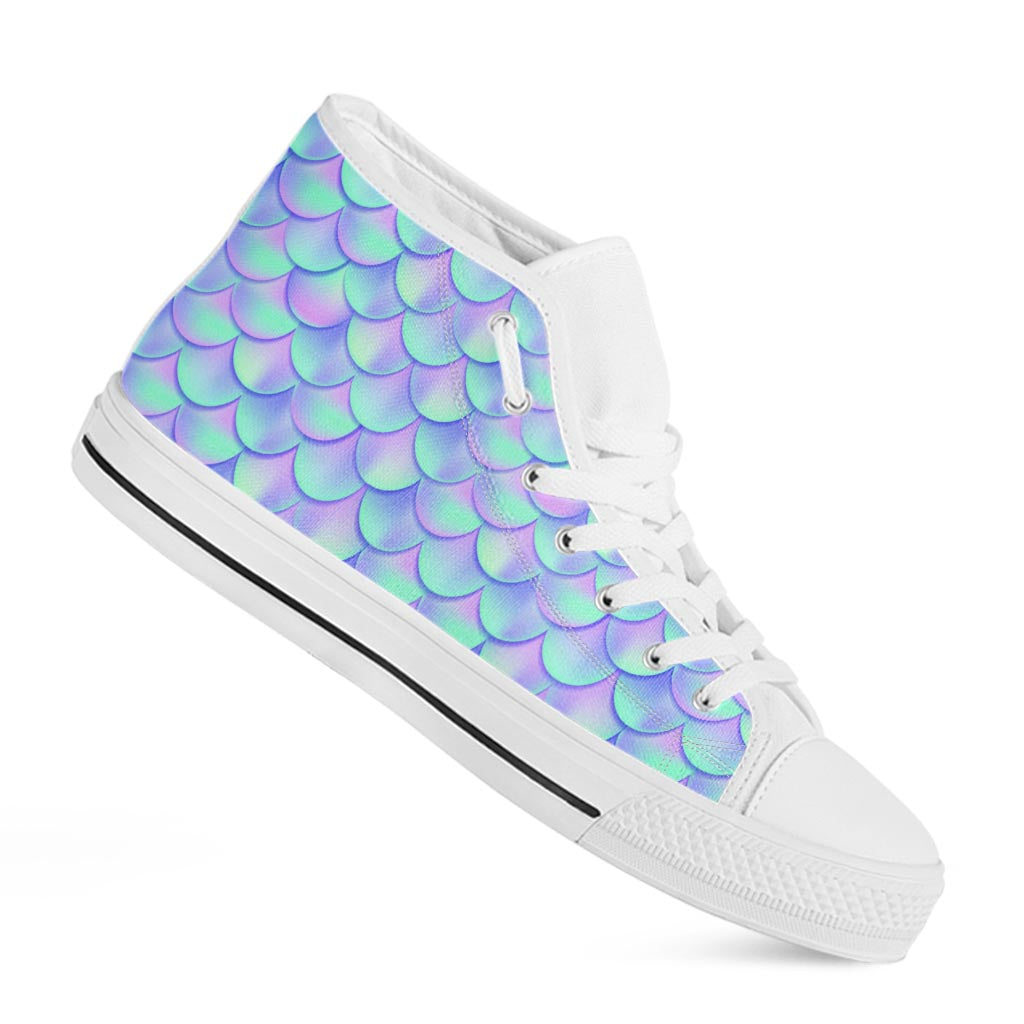 Blue Mermaid Scales Pattern Print White High Top Sneakers