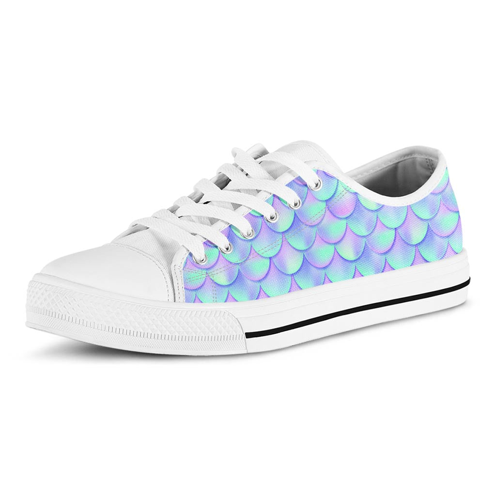 Blue Mermaid Scales Pattern Print White Low Top Sneakers