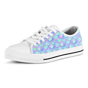 Blue Mermaid Scales Pattern Print White Low Top Sneakers