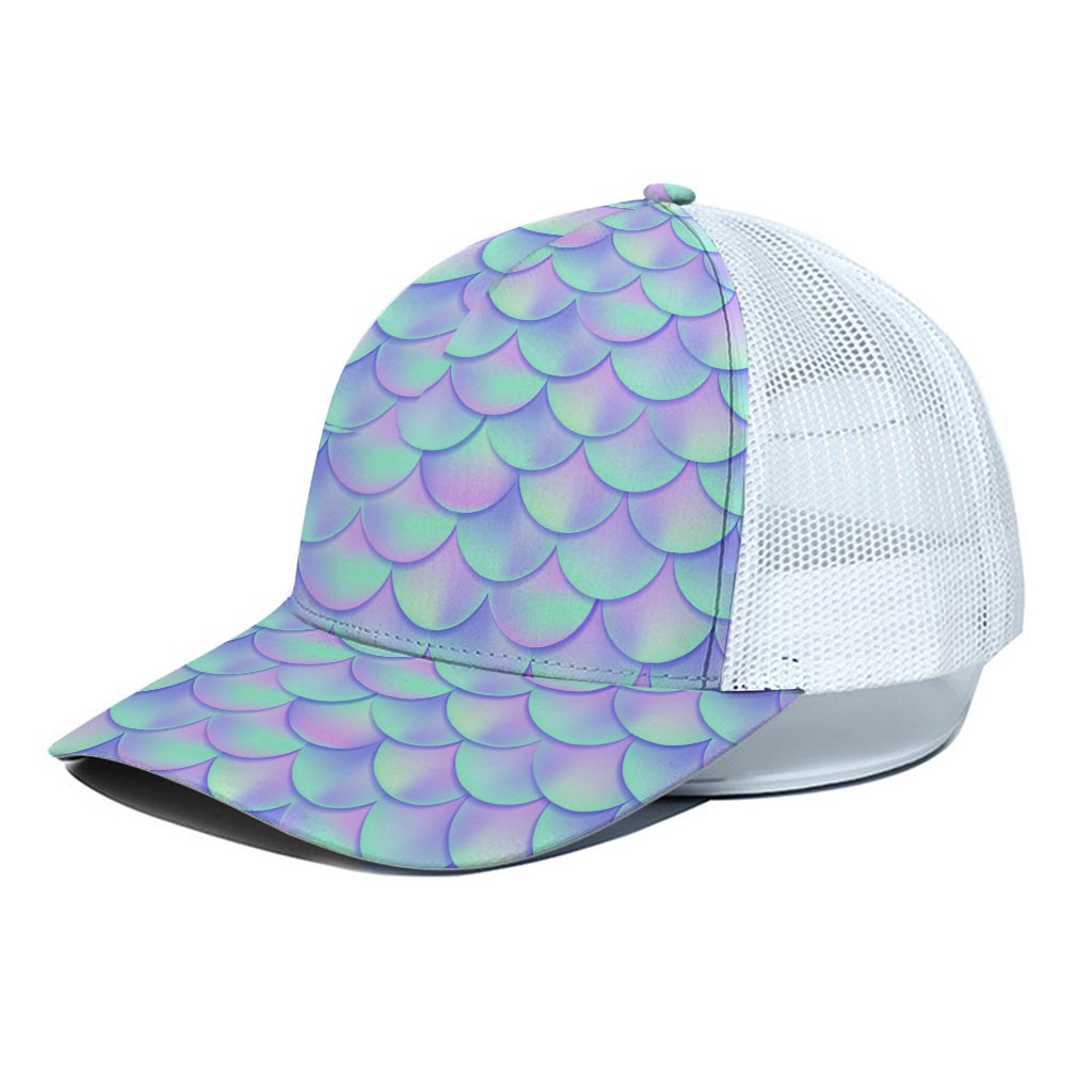 Blue Mermaid Scales Pattern Print White Mesh Trucker Cap