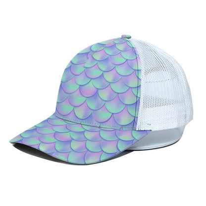 Blue Mermaid Scales Pattern Print White Mesh Trucker Cap