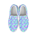 Blue Mermaid Scales Pattern Print White Slip On Sneakers