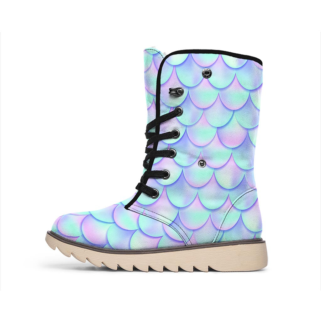 Blue Mermaid Scales Pattern Print Winter Boots