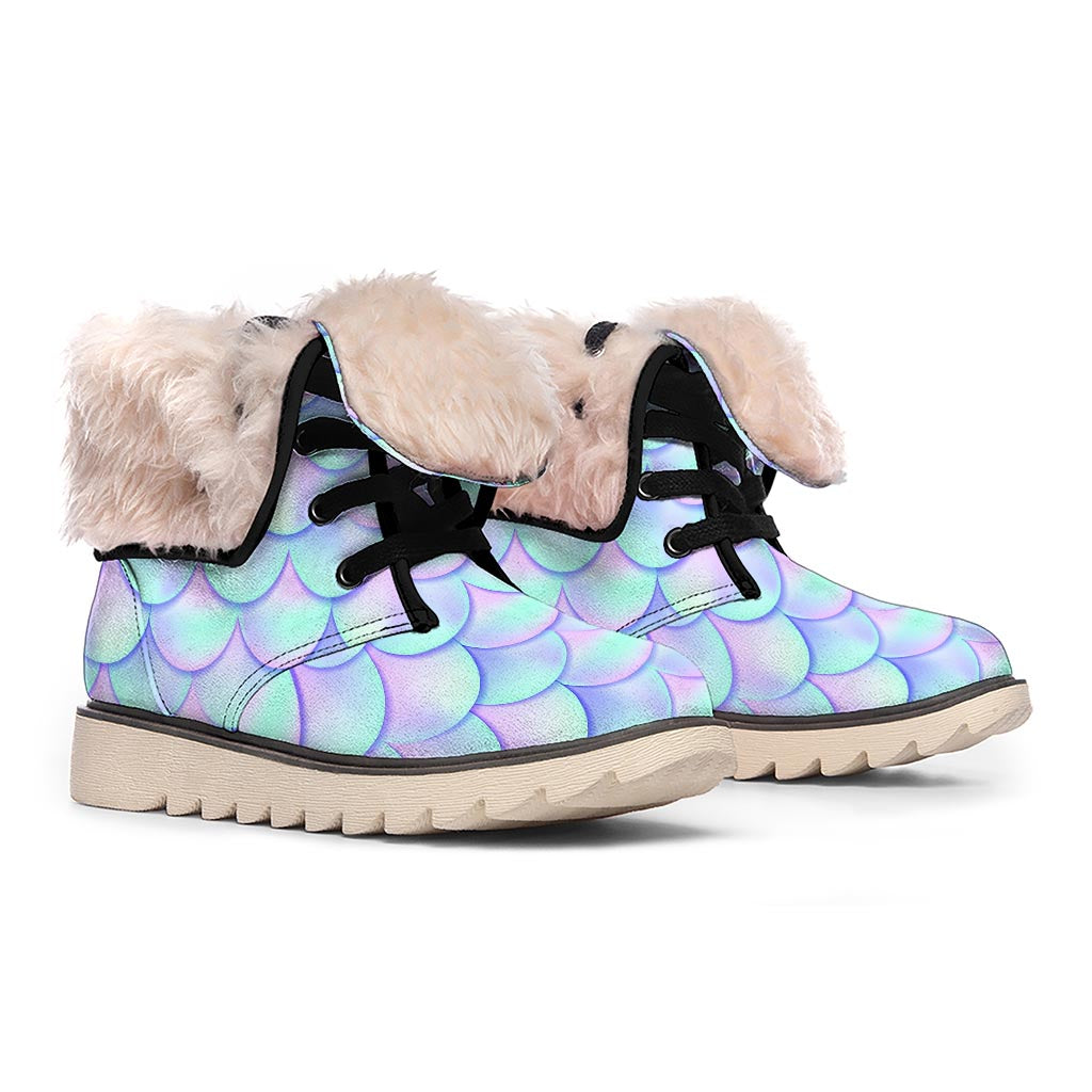 Blue Mermaid Scales Pattern Print Winter Boots