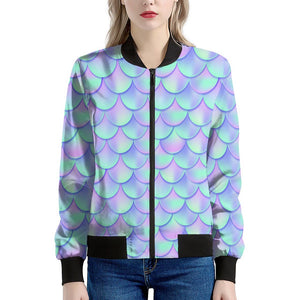 Blue Mermaid Scales Pattern Print Women's Bomber Jacket