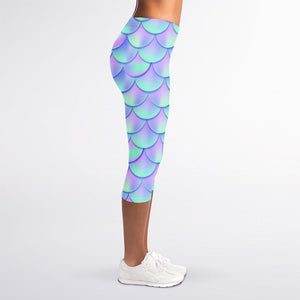 Blue Mermaid Scales Pattern Print Women's Capri Leggings