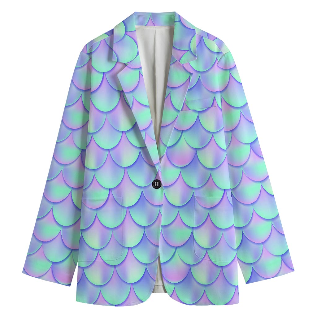 Blue Mermaid Scales Pattern Print Women's Cotton Blazer