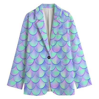 Blue Mermaid Scales Pattern Print Women's Cotton Blazer