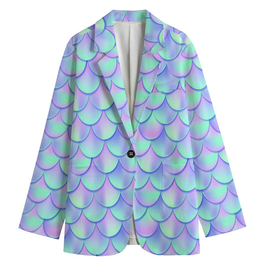 Blue Mermaid Scales Pattern Print Women's Cotton Blazer