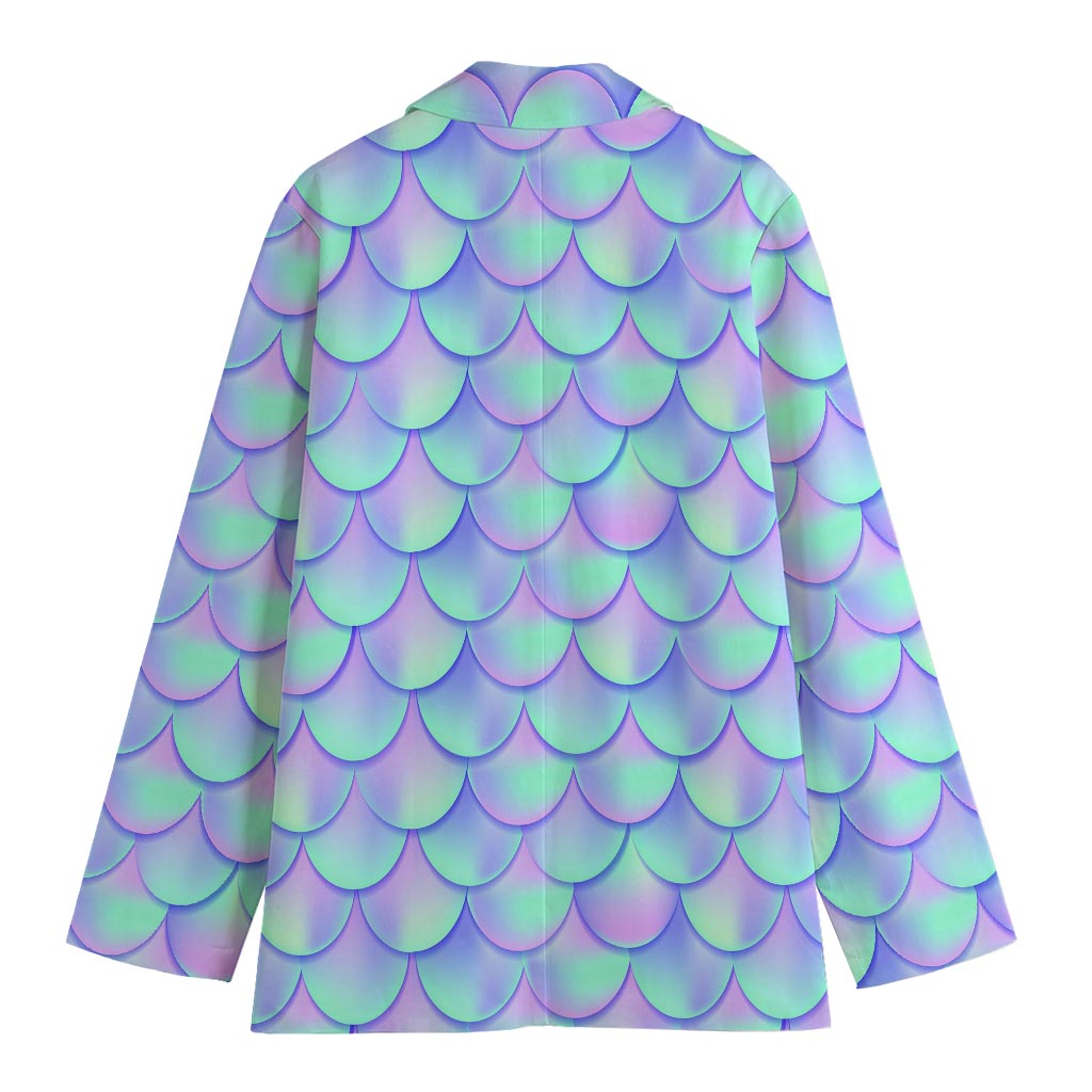 Blue Mermaid Scales Pattern Print Women's Cotton Blazer