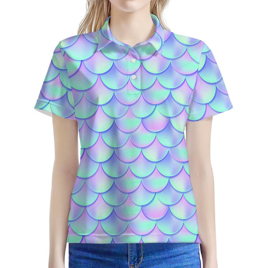 Blue Mermaid Scales Pattern Print Women's Polo Shirt