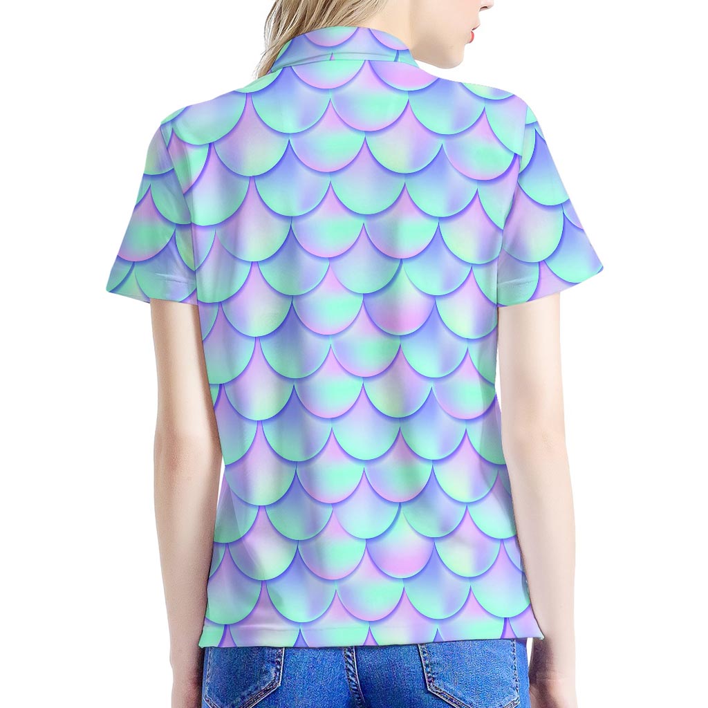 Blue Mermaid Scales Pattern Print Women's Polo Shirt