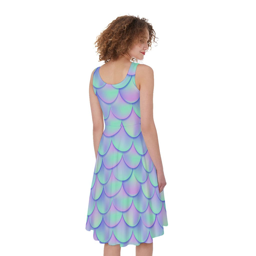 Blue Mermaid Scales Pattern Print Women's Sleeveless Dress