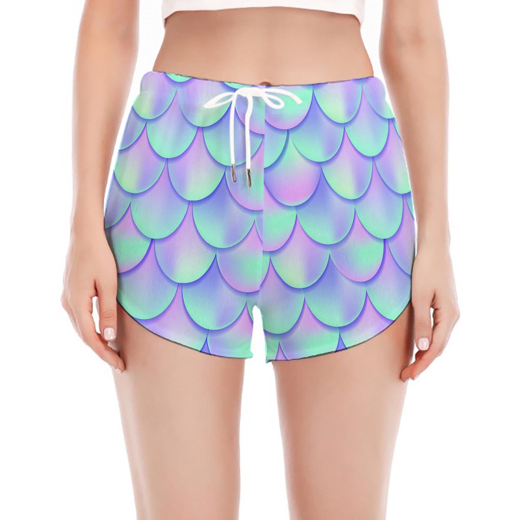 Blue Mermaid Scales Pattern Print Women's Split Running Shorts
