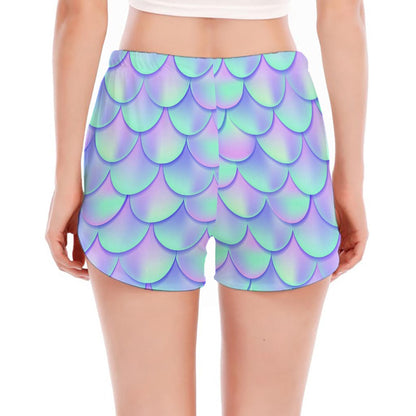 Blue Mermaid Scales Pattern Print Women's Split Running Shorts