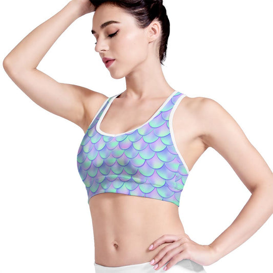 Blue Mermaid Scales Pattern Print Women's Sports Bra