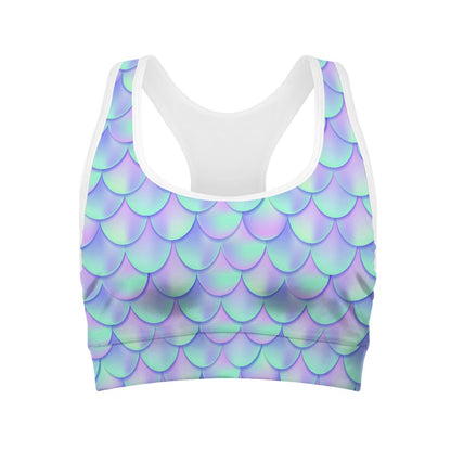 Blue Mermaid Scales Pattern Print Women's Sports Bra