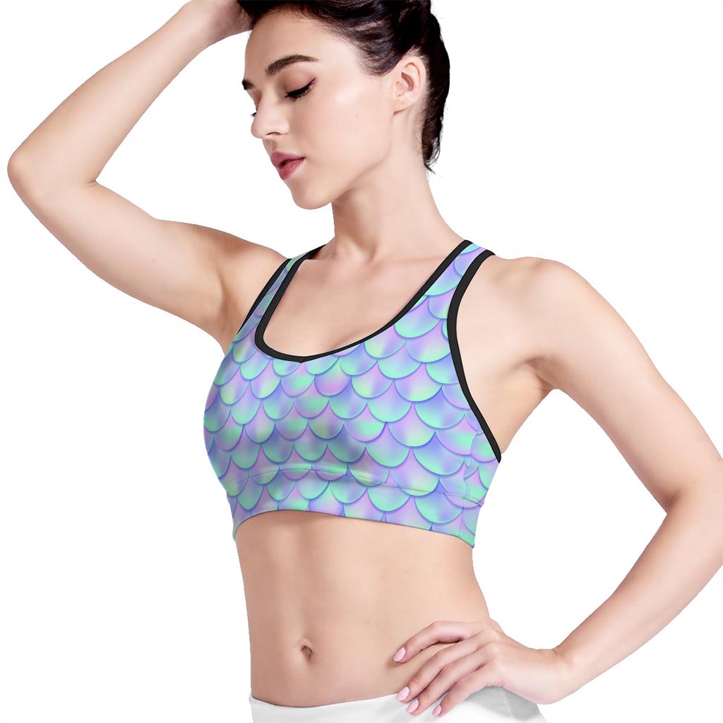 Blue Mermaid Scales Pattern Print Women's Sports Bra
