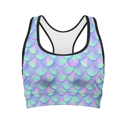 Blue Mermaid Scales Pattern Print Women's Sports Bra