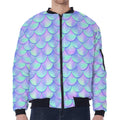 Blue Mermaid Scales Pattern Print Zip Sleeve Bomber Jacket