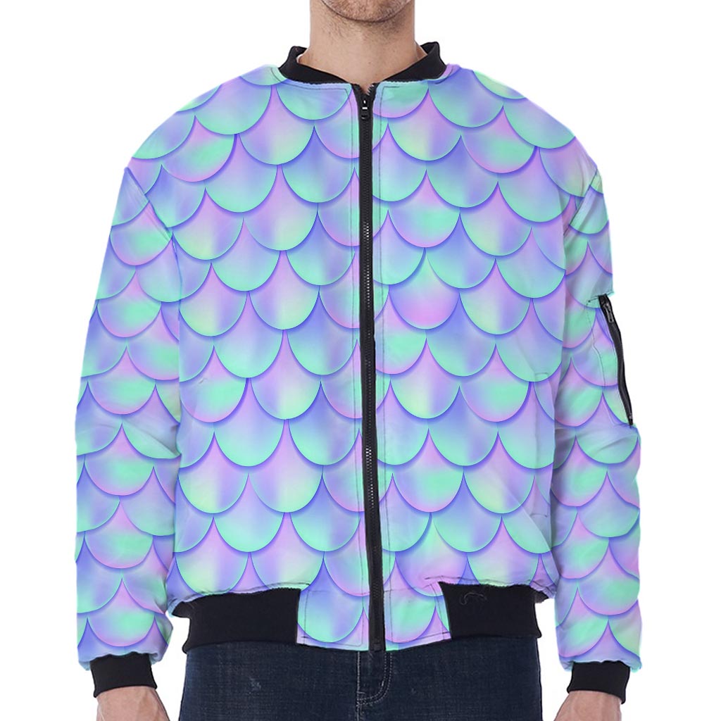 Blue Mermaid Scales Pattern Print Zip Sleeve Bomber Jacket