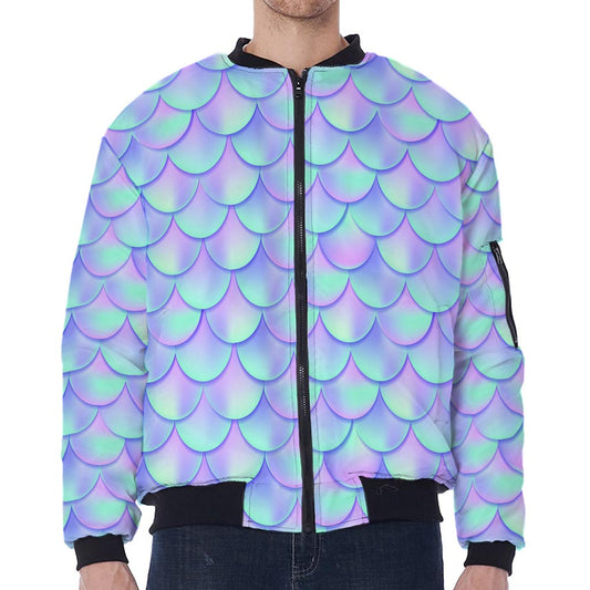 Blue Mermaid Scales Pattern Print Zip Sleeve Bomber Jacket
