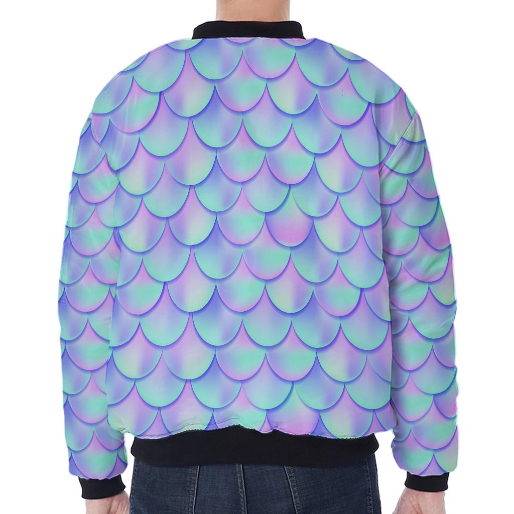 Blue Mermaid Scales Pattern Print Zip Sleeve Bomber Jacket