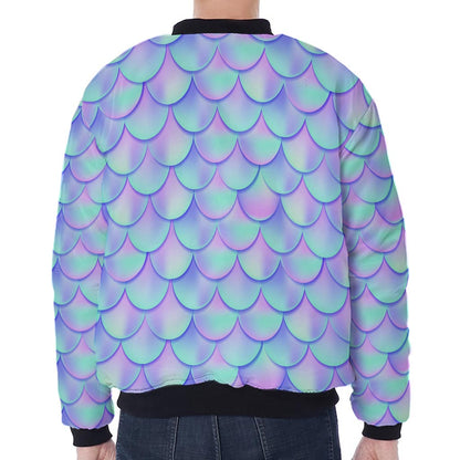 Blue Mermaid Scales Pattern Print Zip Sleeve Bomber Jacket