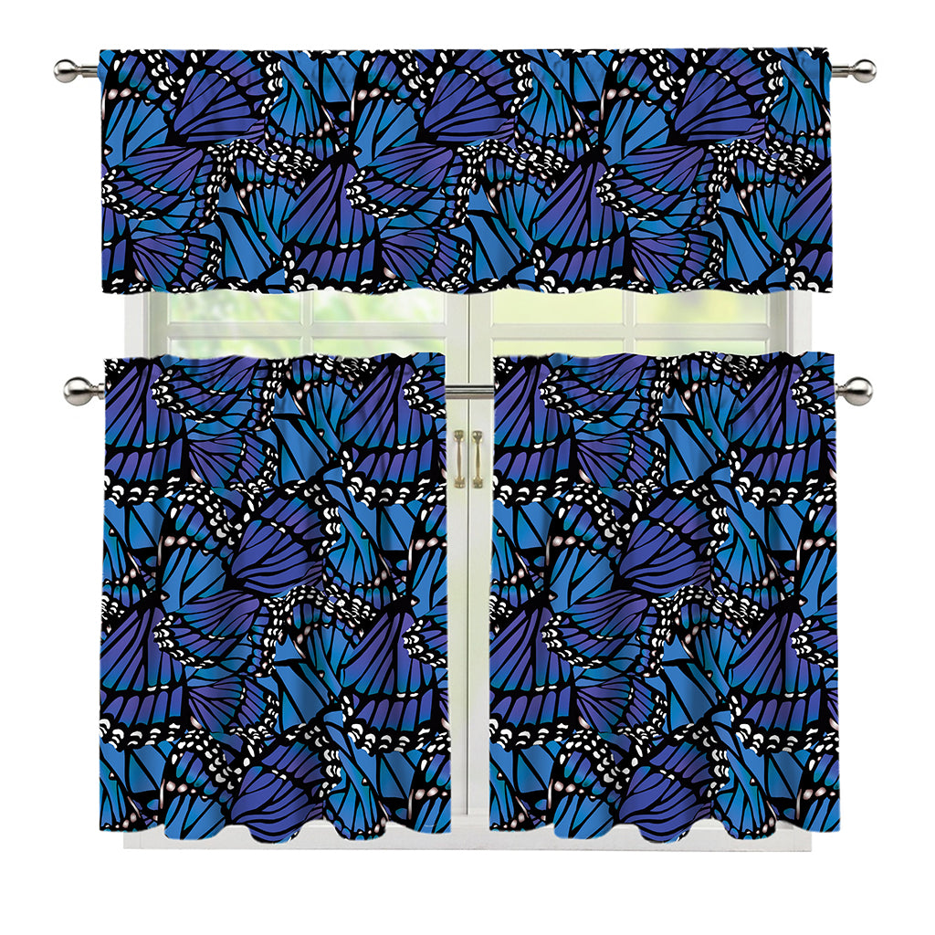 Blue Monarch Butterfly Wings Print 3 Piece Kitchen Curtains