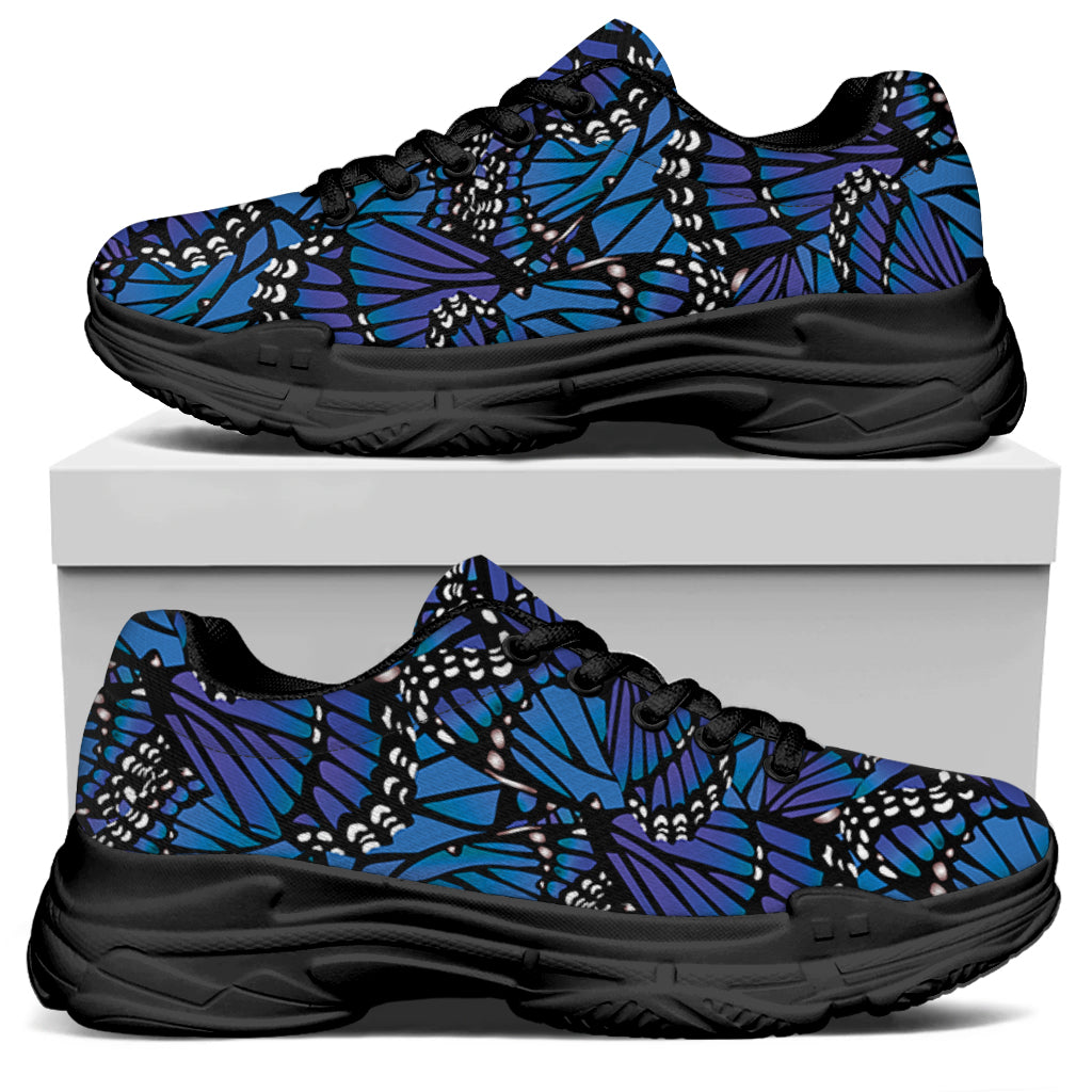 Blue Monarch Butterfly Wings Print Black Chunky Shoes