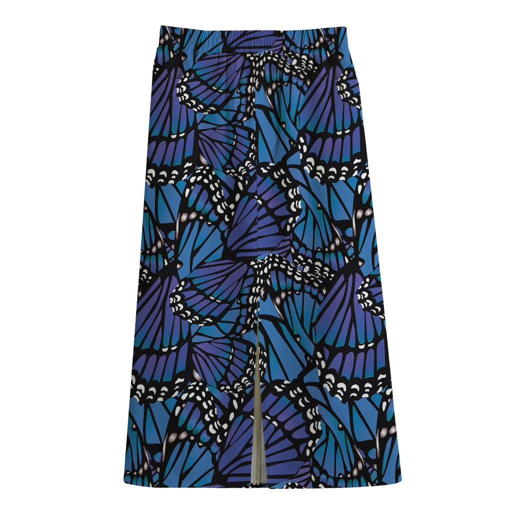 Blue Monarch Butterfly Wings Print Cotton Front Slit Maxi Skirt