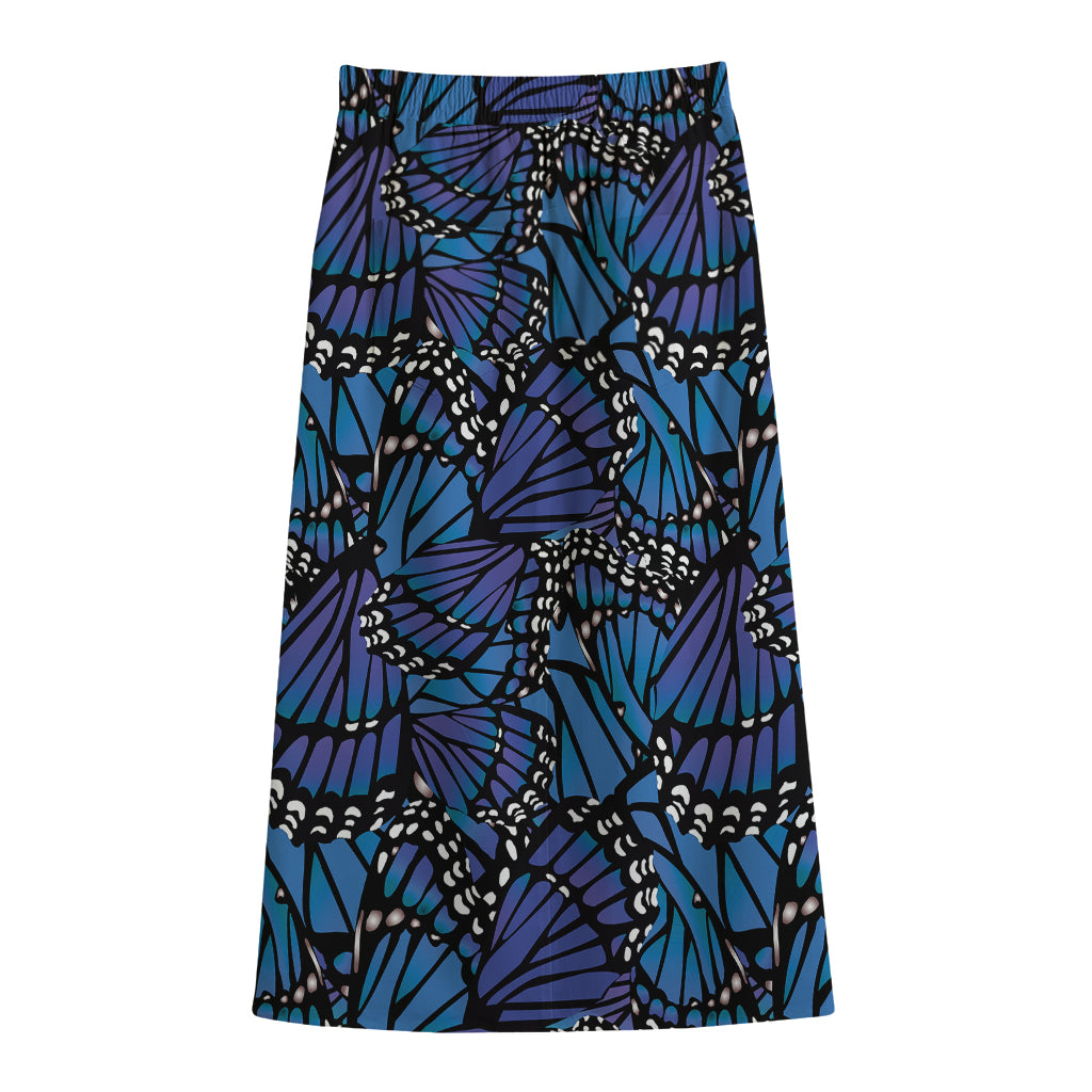 Blue Monarch Butterfly Wings Print Cotton Front Slit Maxi Skirt