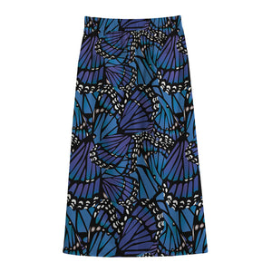 Blue Monarch Butterfly Wings Print Cotton Front Slit Maxi Skirt