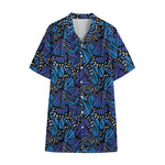 Blue Monarch Butterfly Wings Print Cotton Hawaiian Shirt
