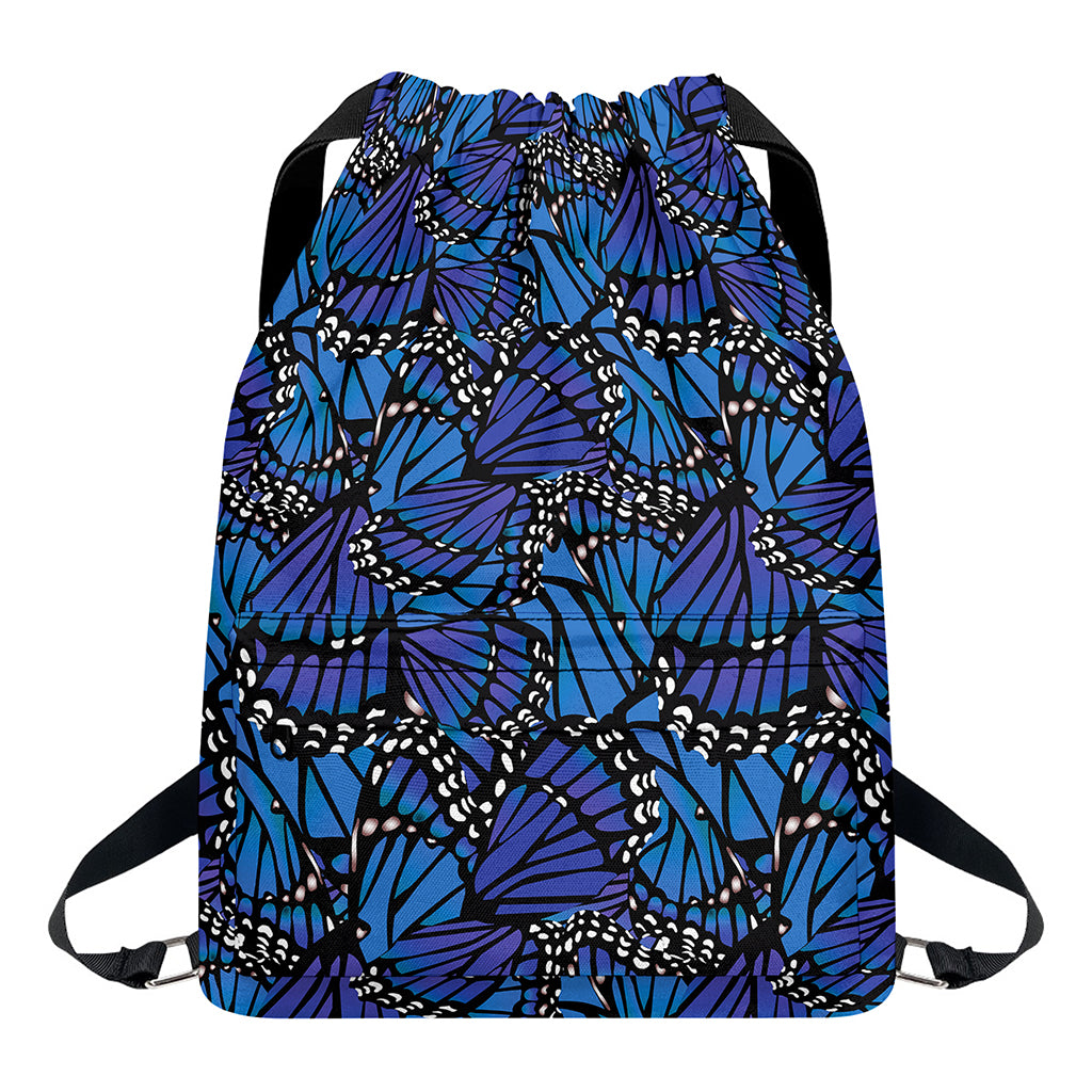 Blue Monarch Butterfly Wings Print Drawstring Backpack