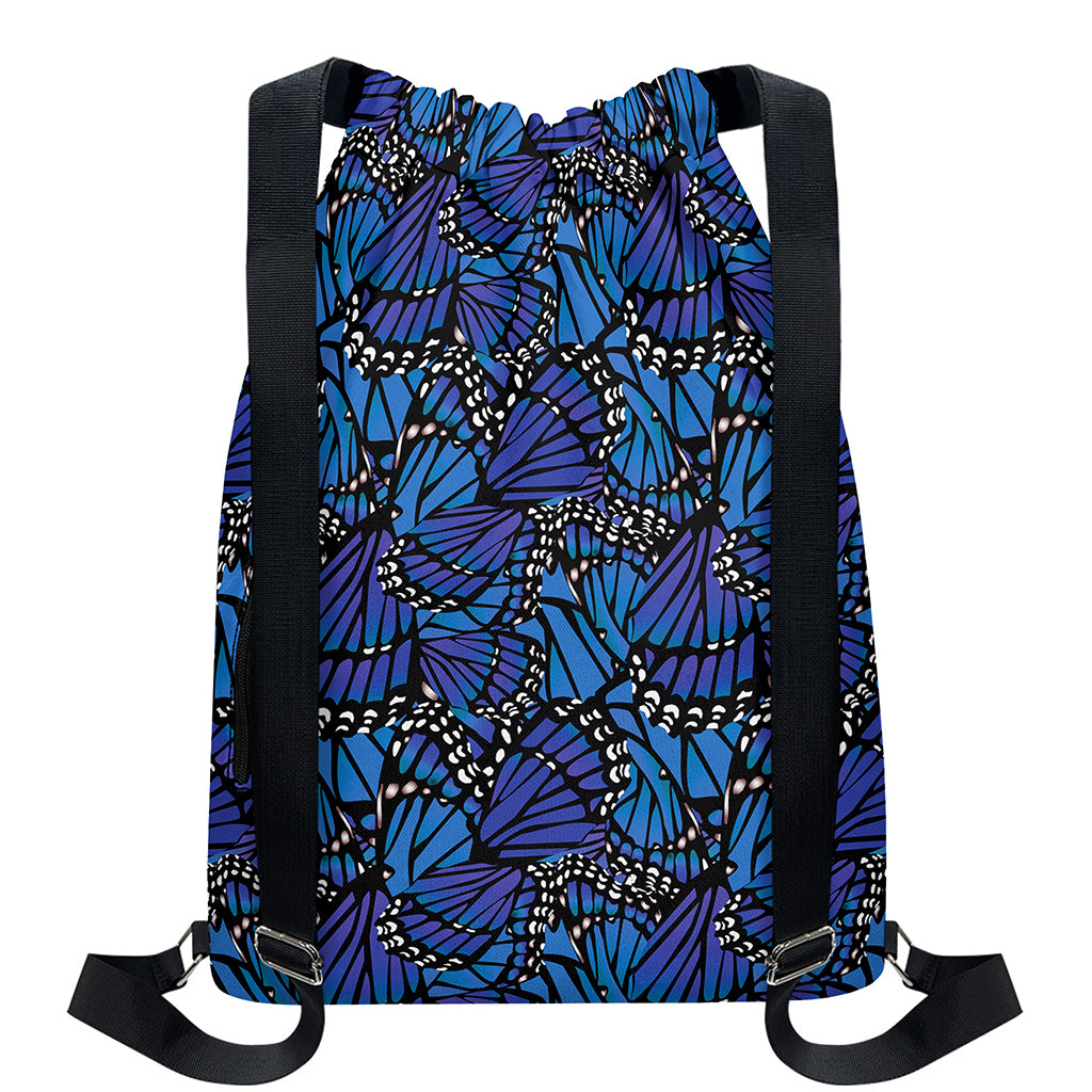 Blue Monarch Butterfly Wings Print Drawstring Backpack
