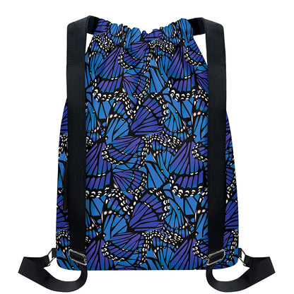 Blue Monarch Butterfly Wings Print Drawstring Backpack