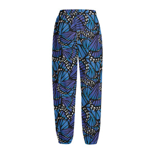 Blue Monarch Butterfly Wings Print Fleece Lined Knit Pants