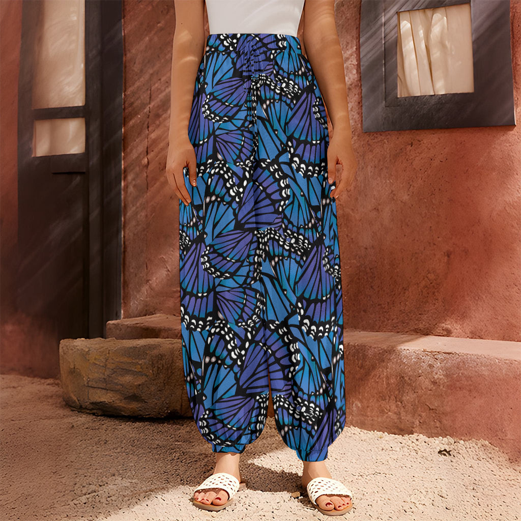 Blue Monarch Butterfly Wings Print Harem Pants