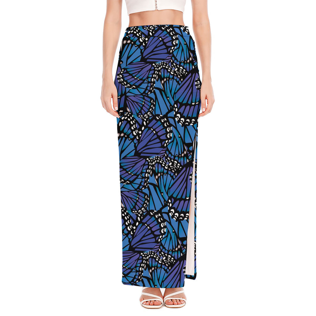 Blue Monarch Butterfly Wings Print High Slit Maxi Skirt