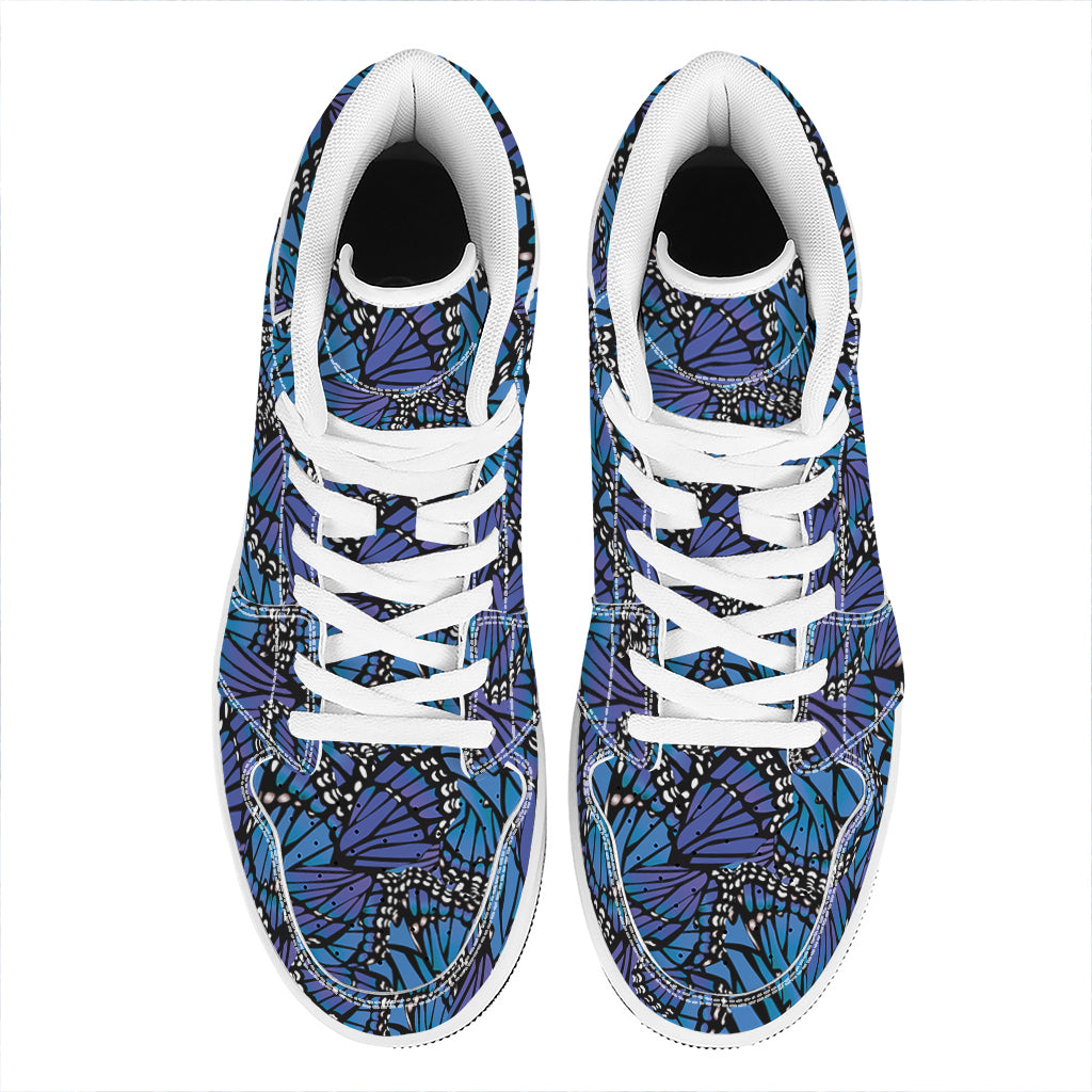 Blue Monarch Butterfly Wings Print High Top Leather Sneakers