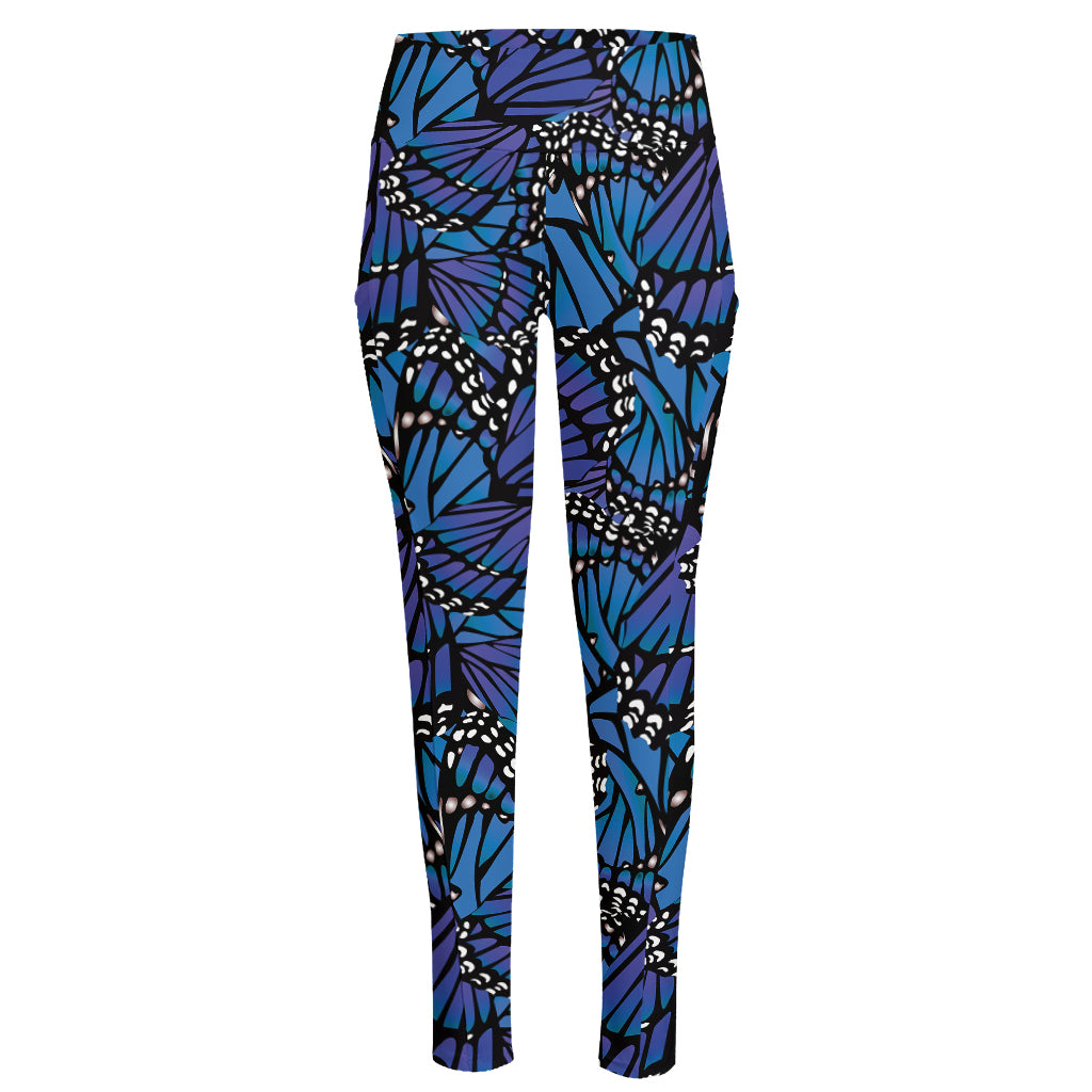 Blue Monarch Butterfly Wings Print High-Waisted Pocket Leggings