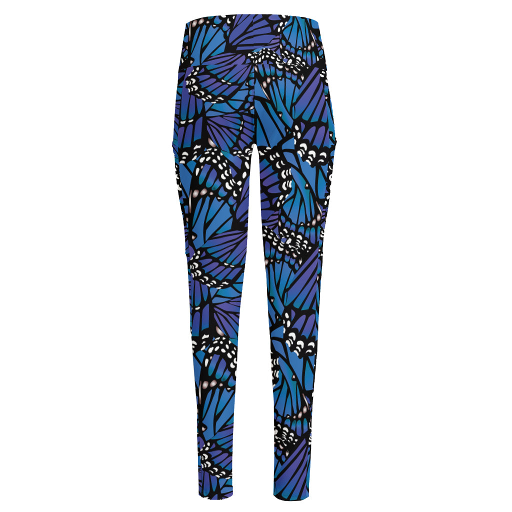 Blue Monarch Butterfly Wings Print High-Waisted Pocket Leggings