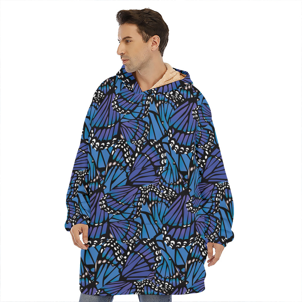 Blue Monarch Butterfly Wings Print Hoodie Blanket