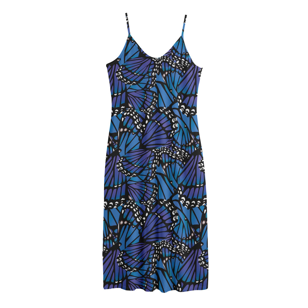 Blue Monarch Butterfly Wings Print Jersey Midi Cami Dress