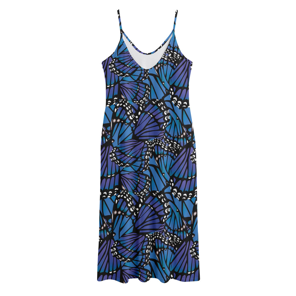 Blue Monarch Butterfly Wings Print Jersey Midi Cami Dress