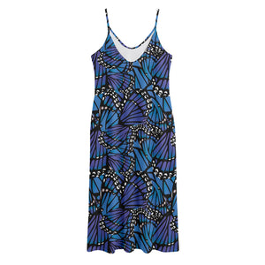 Blue Monarch Butterfly Wings Print Jersey Midi Cami Dress