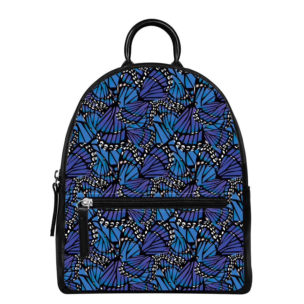 Blue Monarch Butterfly Wings Print Leather Backpack