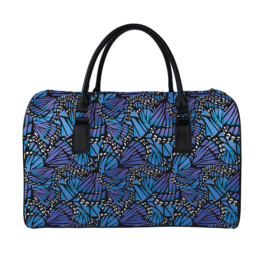Blue Monarch Butterfly Wings Print Leather Duffle Bag